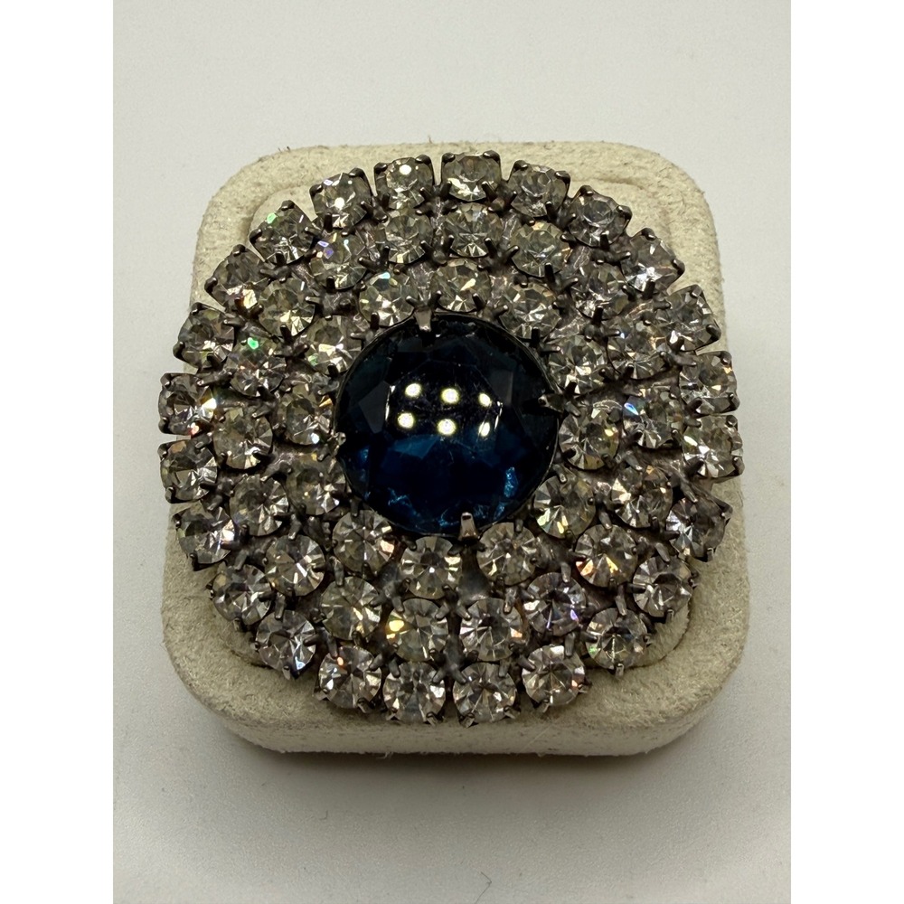 Vintage Silver Tone Blue Center Stone Clear Rhinestone Sunburst Brooch Pin
